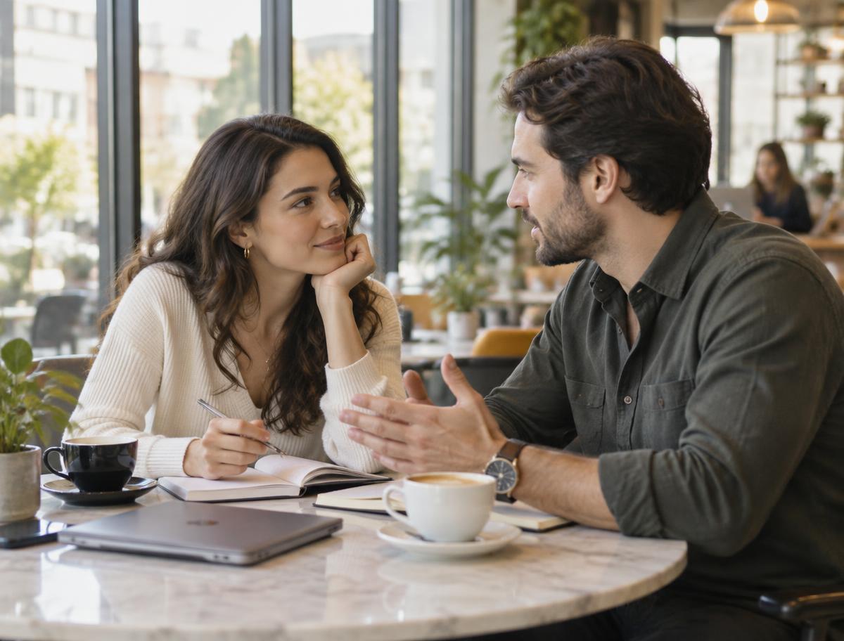 Engaged couple in conversation at a cafe
